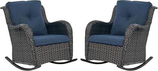 Patio Rocking Chairs Set of 2, Wicker Outdoor Rocking Chairs, Outdoor Gliders Patio Rockers for Porch, Deck, Yard, Garden, Brown Wicker/Blue Cushion