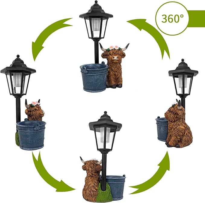 YEPOTUE Solar Highland Cow Outdoor Statue, Garden Decor with Flowerpot & Lantern Highland Cow Figurines for Yard Art Lawn Ornaments Porch Patio Balcony - Gifts for Women Mom