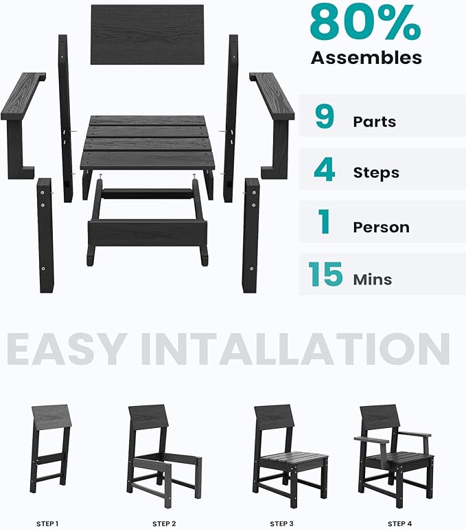 SERWALL HDPE Outdoor Dining Set, Square Table and Chairs Set All Weather Patio Dining Set, 5-Piece Patio Dining Furniture for Deck, Garden, Backyard, Black