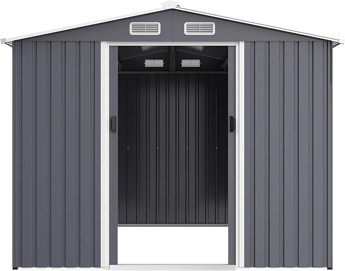 Outdoor Storage Shed 8 x 12 FT Large Metal Tool Sheds, Heavy Duty Storage House with Sliding Doors with Air Vent for Backyard Patio Lawn to Store Bikes, Tools, Lawnmowers Grey