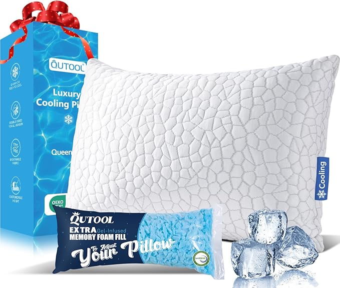 QUTOOL Cooling Pillow for Sleeping Shredded Memory Foam CertiPUR-US Certified, Soft and Supportive Adjustable Pillow for Side, Back, Stomach Sleeper, Hot Sleeper Solution