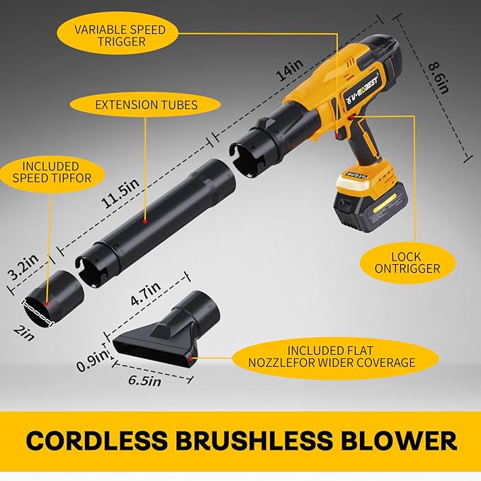 V-MODEST Electric Leaf Blower, 800,000 RPM Compact Leaf Blowers Battery Powered Brushless with 2 * 4.0Ah Batteries, Lightweight Cordless Leaf Blower for Yard, Garage, Car, Lawn, Deck, Patio Cleaning