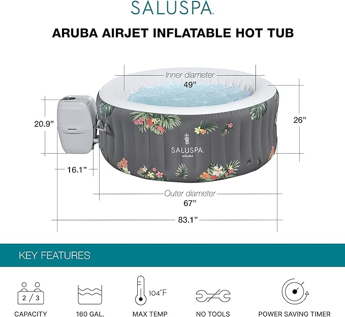 Bestway SaluSpa Aruba AirJet Large Round 2 to 3 Person Inflatable Hot Tub Portable Outdoor Spa with 110 AirJets and EnergySense Cover, Grey