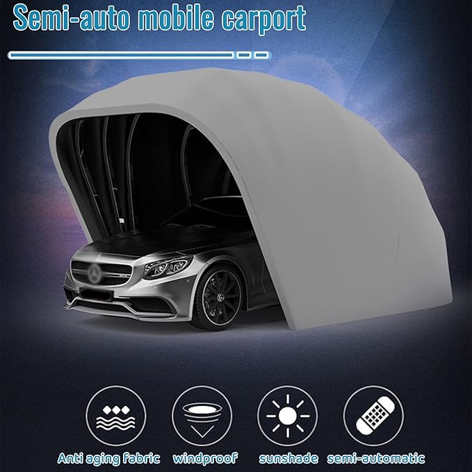 Heavy Duty Semi-Automatic Retractable Garage, Stainless Steel Outdoor Folding Carport with Sunshade Sheet Retractable, Foldable Retractable Car Awning, Mobile Car Tent Shelter for Parking Lot