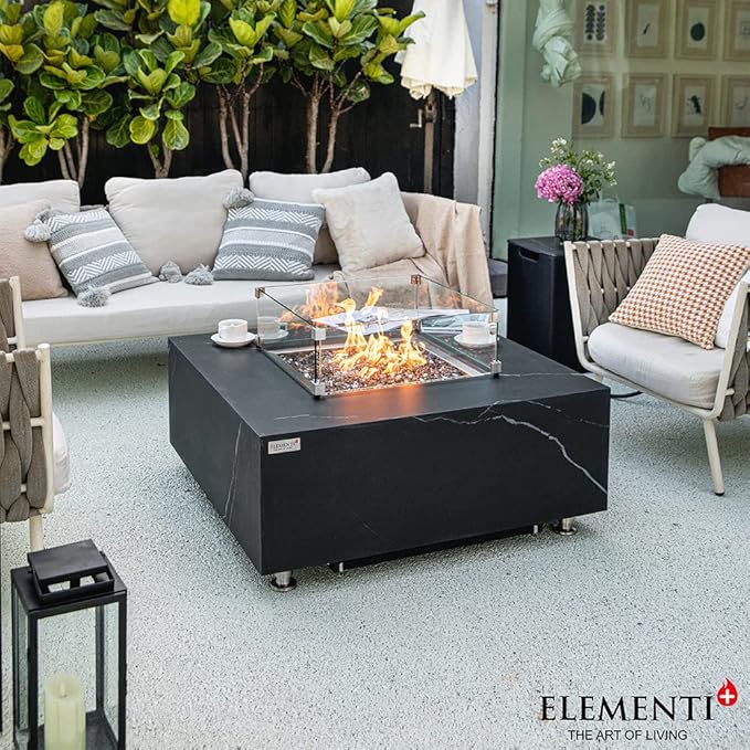 Sofia Marble Fire Pit 39.4" x 39.4" Outdoor Patio Firepit Includes Fire Glass Modern Fire Pits & Outdoor Fireplaces for Garden, Deck, Indoor & Outdoor Heating