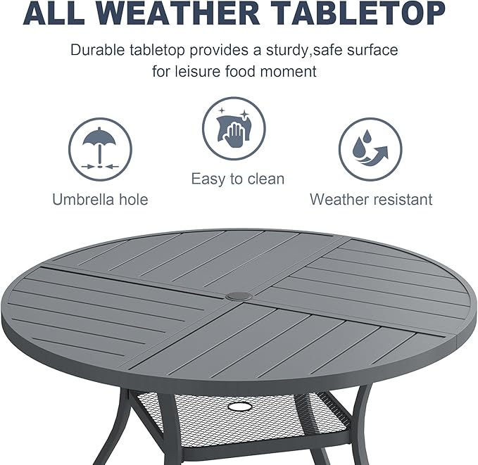 VICLLAX Round Patio Dining Table, 4-6 Person Metal Outdoor Dining Table with Umbrella Hole and Storage Shelf for Garden Lawn Deck, 47.2" Dark Grey