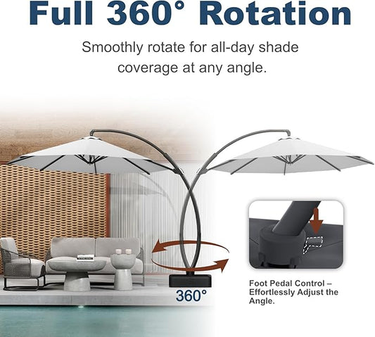 12FT Cantilever Umbrella with Base Large Curvy Outdoor Aluminum Offset Umbrella w/ 360° Rotation, UV Resistant Canopy for Patio, Garden, Backyard, Light Gray
