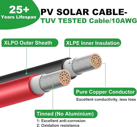 Oududianzi Solar Extension Cable 10Ft, Solar Wire 10AWG, 10 Gauge Tinned Copper PV Wire, Solar Panel Wires and Connectors for Home Cars RVs Camping Solar Panels