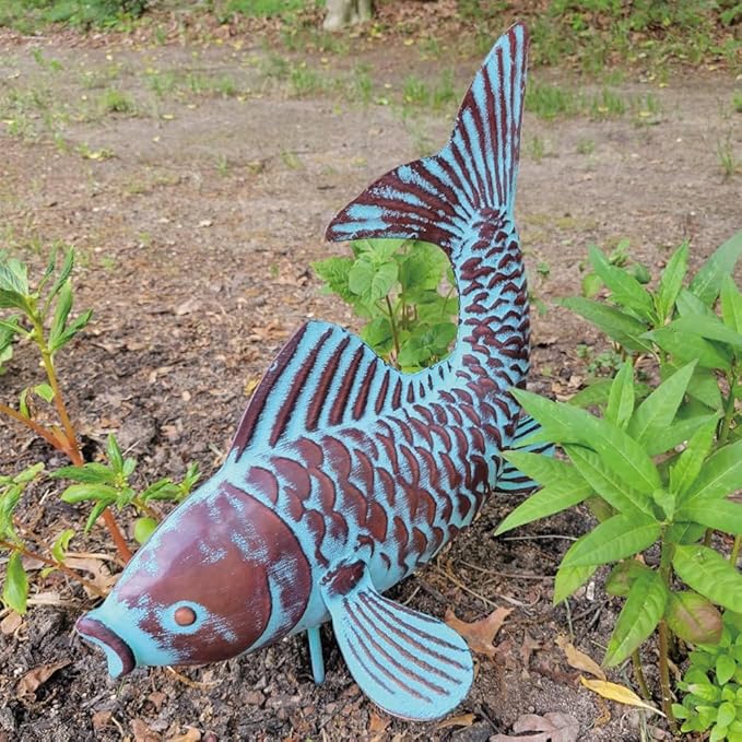 CLYB Metal Koi Fish Sculptures, Outdoor Garden Sculptures & Statues, Antique Copper Koi Pond Decor, Set of 2 Koi Fish Figurines Artwork, Garden Statue for Indoor Outdoor Patio Backyard Home Kitchen