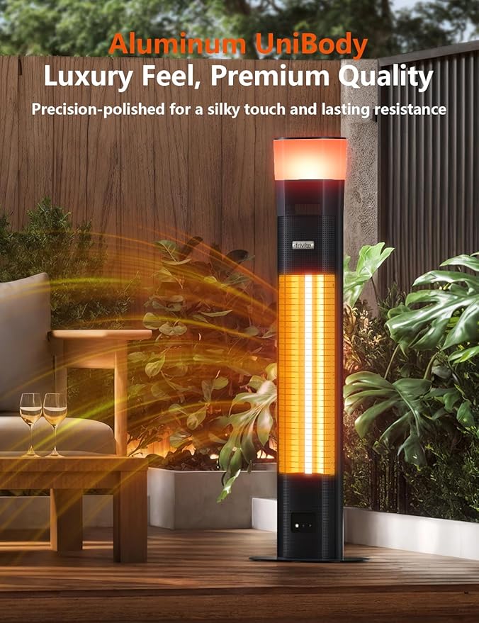 Outdoor Electric Patio Heater, Built-in Speaker & RGB Mood Light, 43 inch, 1500W Infrared Tower Heater with 5-Heat Levels, IP65 Waterproof, 24H Timer, Aluminum Unibody, For Garage, Bedroom, Deck Use