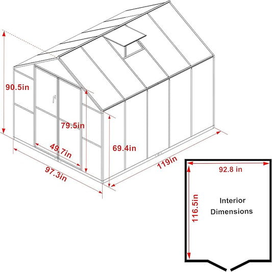 8x10 FT Outdoor Greenhouse Kit, Polycarbonate Aluminum Walk-in Greenhouse with Adjustable Roof Vent and Lockable Door, Backyard Garden in Winter, Gray