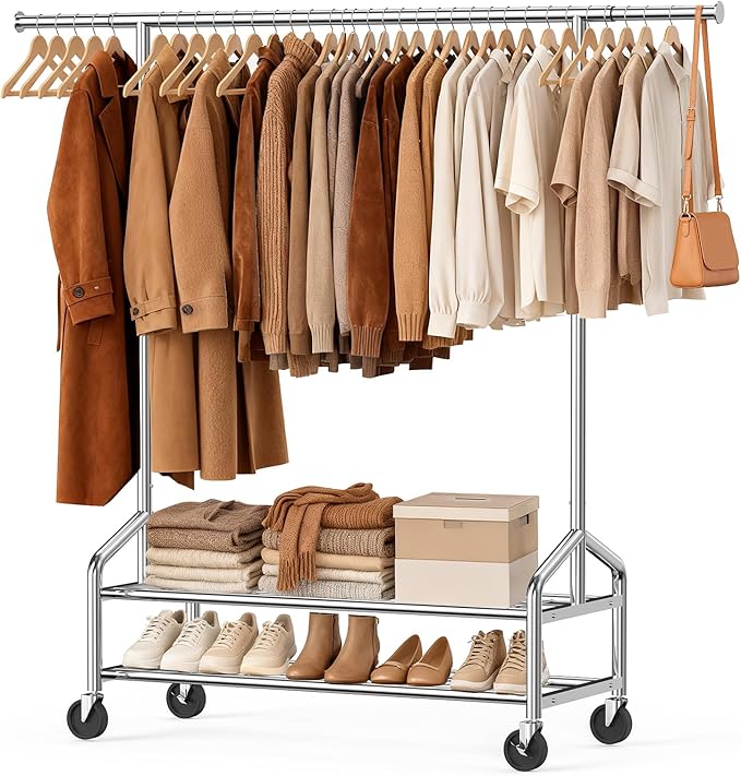 Heavy Duty Clothes Rack, Rolling Clothing Rack for Hanging Clothes with 2 Sturdy Shelves Load 650 LBS, Metal Garment Rack with Wheels for Bedroom, Laundry Room, Retail Store, Silver