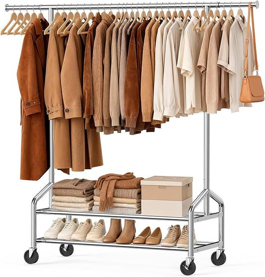 Heavy Duty Clothes Rack, Rolling Clothing Rack for Hanging Clothes with 2 Sturdy Shelves Load 650 LBS, Metal Garment Rack with Wheels for Bedroom, Laundry Room, Retail Store, Silver