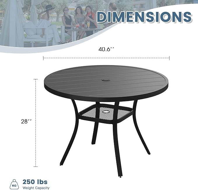 DIFY Outdoor Dining Table for 4, Round Patio Table with Umbrella Hole for Garden, Backyard and Porch (Black)