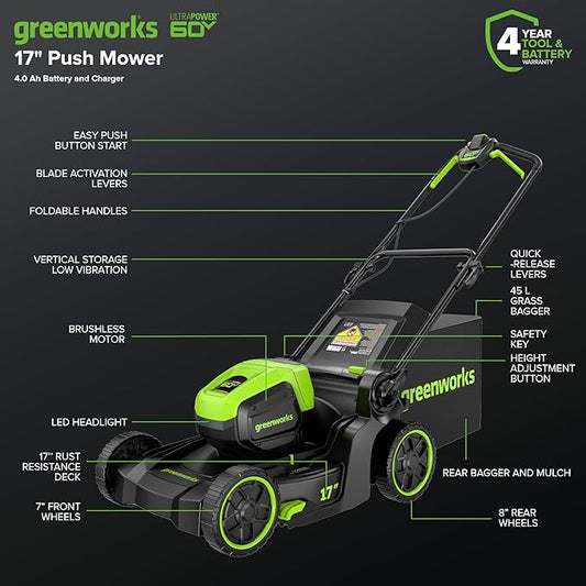 Greenworks 60V 17" Brushless (Push) Mower + 60V 13" String Trimmer, 4.0Ah Battery and 3A Charger