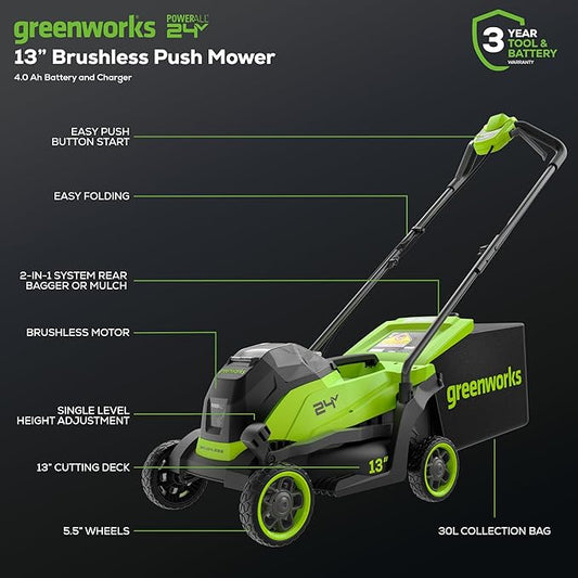 Greenworks 24V 13" Brushless (Push) Cordless Lawn Mower, 4.0Ah Battery and Charger