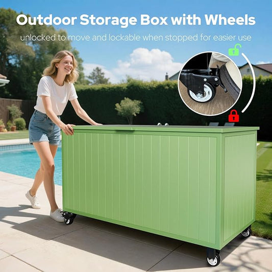 Outdoor Storage Deck Box with Wheels 150 Gallon, Aluminum Deck Boxes Outdoor Waterproof, Patio Storage Box for Home/Backyard/Pool Chemicals/Toys/Garden Tools/Porch/Patio Cushions (Green)