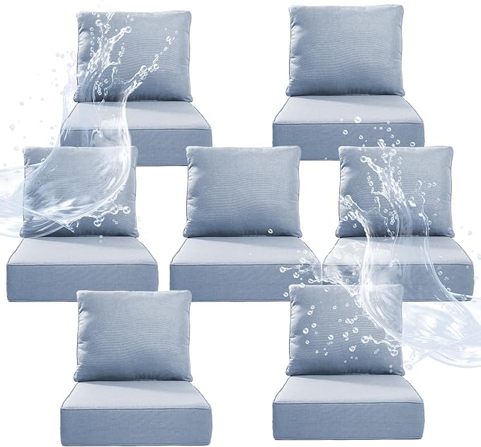 6" Thicker Outdoor Chair Cushion 7 Sets - 24" *24" *6" Waterproof Patio Furniture Cushions with Removable Cover, 28D High Density Sponge Filling Thicken Outdoor Patio Cushions - Baby Blue