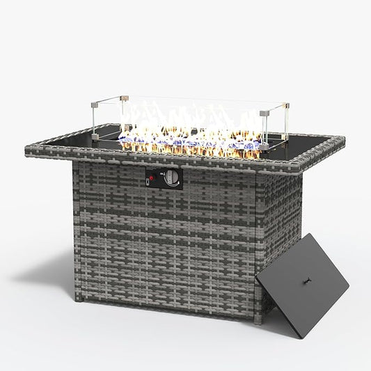 Rectangular Fire Pit Table, 44 inch Propane Gas Fire Pit with Glass Rocks, Wind Guard Glass Shield, Waterproof Cover for Outside Patio Backyard Deck Balcony