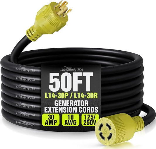 50ft Generator Extension Cord 30 AMP 4-Prong (L14-30P / L14-30R) - 10AWG4 125/250V STW - Hook and Loop Strap UL Approved by LifeSupplyUSA