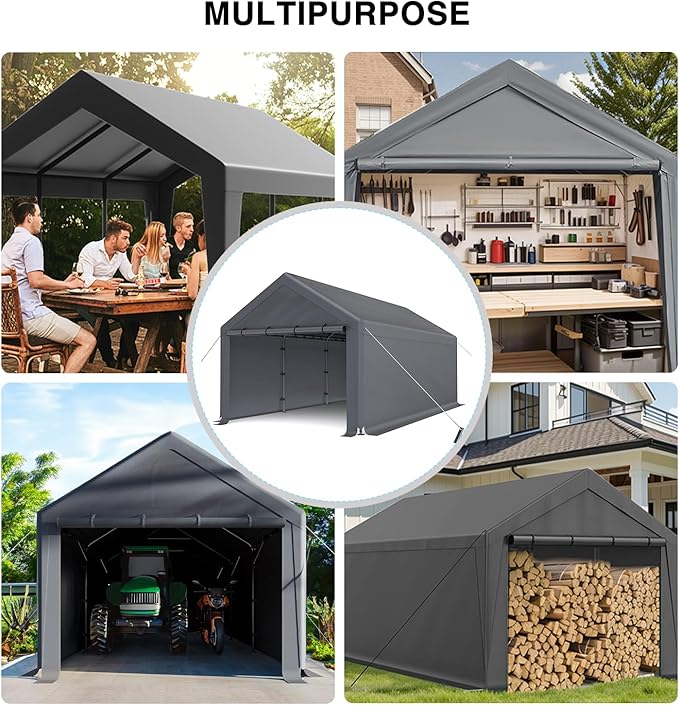 Carport Canopy 10x20 Heavy Duty, Portable Carport Garage with Removable Sidewalls and Door, Car Port with Waterproof Canopy for All Season (Gray)