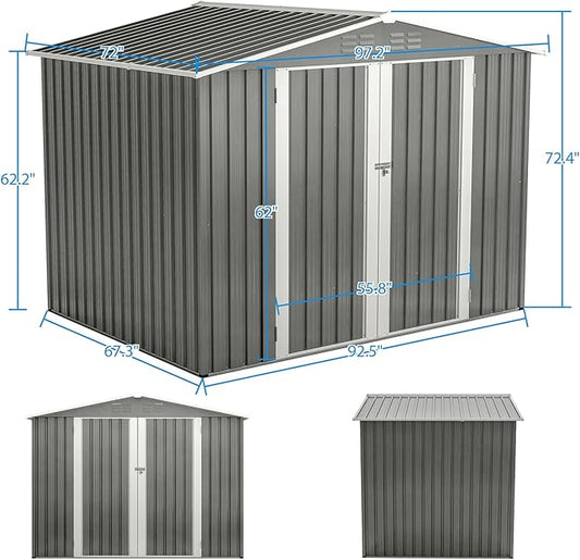 8x6 ft Outdoor Waterproof Metal Storage Shed with Foundation Floor Frame, Lockable Hinged Doors & Air Vents, All Weather Garden Tool Shed for Backyard Lawn, Galvanized Steel - Grey