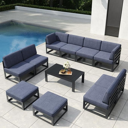 11 Pieces Aluminum Patio Furniture Set with Coffee Table, Metal Outdoor Conversation Sofa Set with Seating Cushions