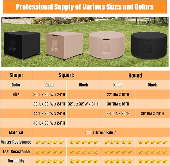 Kovshuiwe Porch Shield Fire Pit Cover Square-600D Fabric Waterproof and Resistant, Fits Outdoor For 27-30 Inch Fire Pit /Table Cover, Gas Fire Pit Cover-30"L x 30"W x 24"H, Khaki