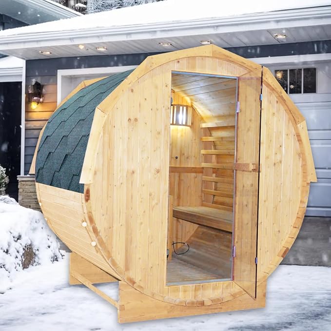 Outdoor Barrel Sauna 4 Person Traditional Steam Sauna 220V Wood Personal Spa Room with 4.5KW Heater Thermometer Hourglass Cup Holders 59''x74.21"x75.85"