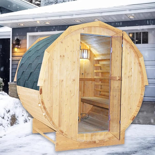 Outdoor Barrel Sauna 4 Person Traditional Steam Sauna 220V Wood Personal Spa Room with 4.5KW Heater Thermometer Hourglass Cup Holders 59''x74.21"x75.85"