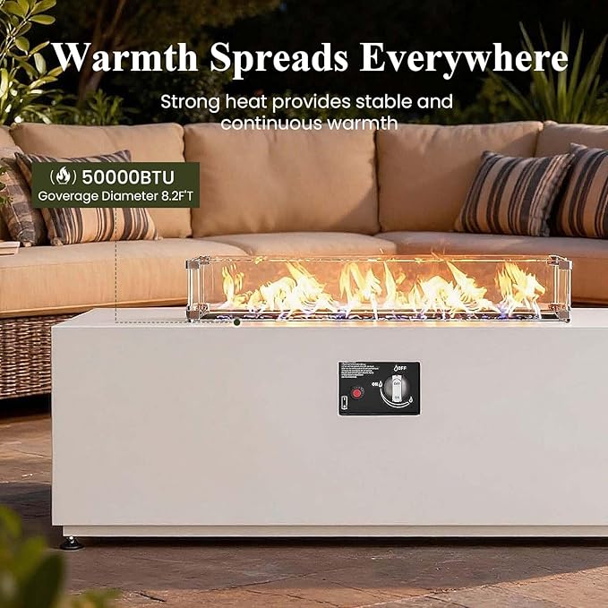 LayinSun 42 Inch Outdoor Fire Pit Table for Outside Patio, 55000BTU Rectangle Propane Firepit with Hidden Fuel Tank, Glass Wind Guard, Waterproof Cover and Lid