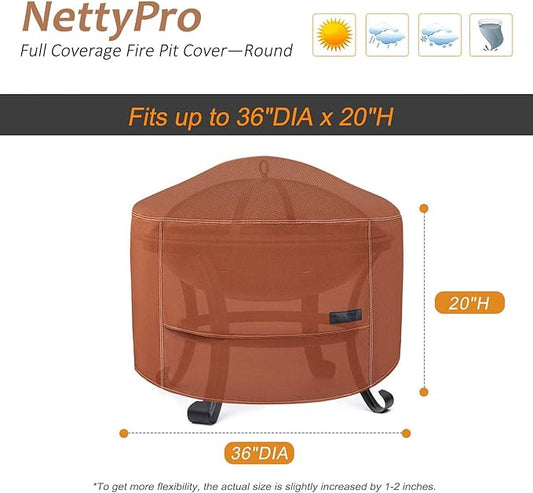 NettyPro Fire Pit Cover Round Waterproof Outdoor Firepit Cover for Gas Propane Fire Pit Table, 36 x 20 inch, Brown