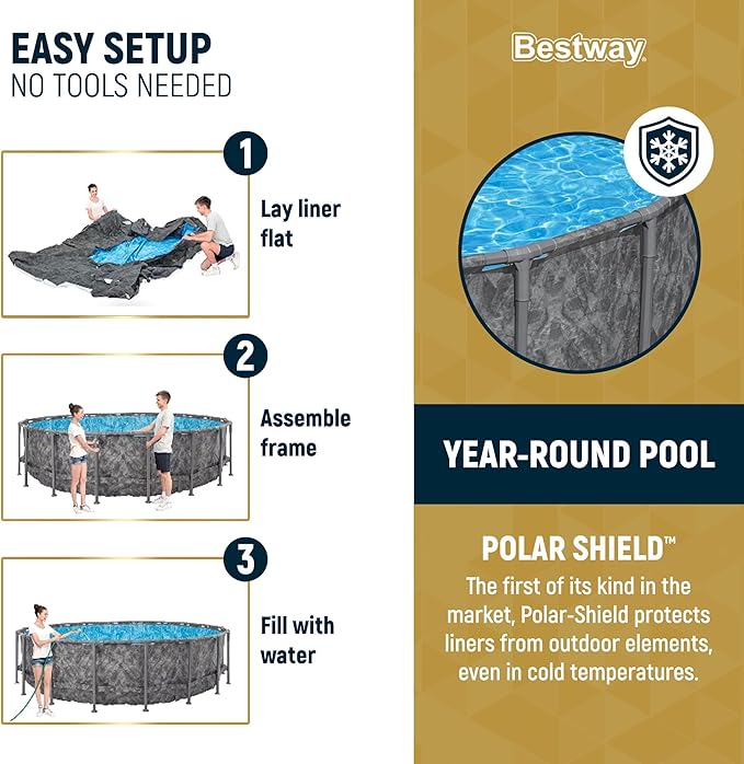 Bestway APX 365 20' x 52" Round Above Ground Swimming Pool Outdoor Backyard Framed Pool Set with Sand Filter Pump, Ladder, and Cover, Dark Marble