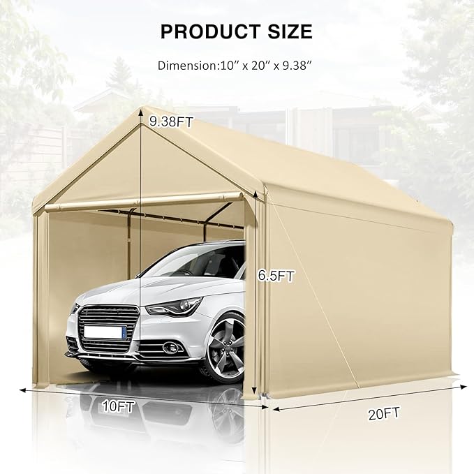 Carport Canopy 10x20 Heavy Duty, Portable Carport Garage with Removable Sidewalls and Door, Car Port with Waterproof Canopy for All Season (Beige)