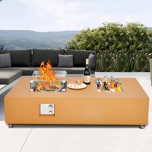 56" Outdoor Propane Fire Pit Table, 50000BTU Fire Table with Wind Guard, 11LBs Glass Beads & Rain Cover, Patio Heater with Anti-Rust Coating, Stainless Steel Gas Fire Pits for Outside Patio, Yellow