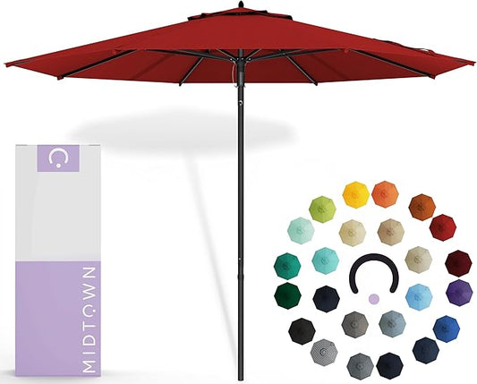 Midtown Umbrellas Push Pop Sunbrella Umbrella 10 Feet Large Outdoor Umbrella With Red Acrylic Fabric - Deck Patio Umbrella, Backyard Umbrella, Garden Umbrella & Pool Umbrella - Black Pole
