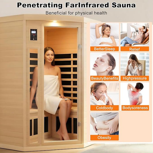 Infrared Sauna Home Sauna Box Deluxe 2 Person Hemlock Far Infrared Sauna Corner Indoor Far Infrared Sauna Room with LED Reading Light, Control System, Bluetooth, Natural