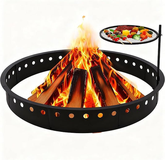 60 Inch Smokeless Fire Pit Ring with Grill Fire Ring for Outside Heavy Duty Metal Firepit Insert Round Steel Large Above/In-Ground Camping Firepit for Outdoor Camping Patio Picnic BBQ Garden