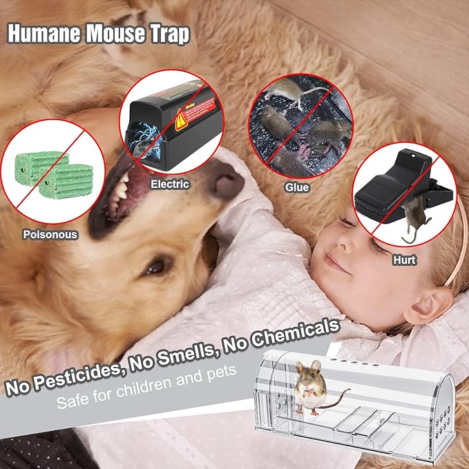 4 Pcs Humane Mouse Traps Indoor for Home, Live Mouse Trap, Reusable Mice Trap Catcher for House & Outdoors