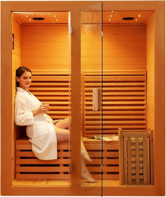 ZONEMEL Wooden Steam Sauna Room, 2 Person Canadian Red Cedar Luxurious Indoor Sauna with 3.5 KW Harvia Stove Heater, Bluetooth Speaker, Sauna Stone, Wooden Bucket, Scoop, Reading Light, 220V