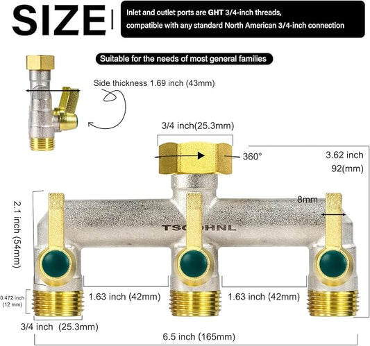3/4 Inch Garden Hose splitter,Designed for installing multiple irrigation system timers,Suitable for high water pressure faucet manifolds - Freeze and rust resistant Full Flow 3 way valves