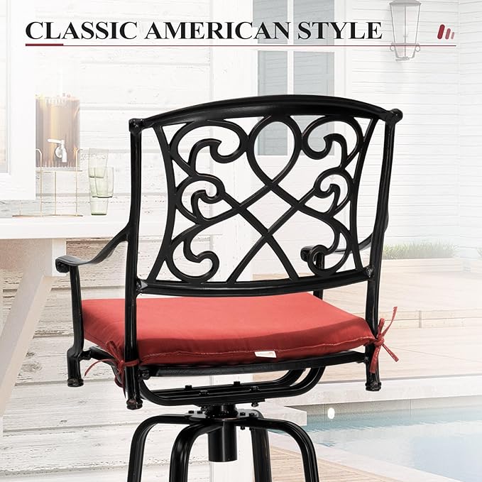 Crestlive Products Outdoor Bar Stools with Sunbrella Cushion Set of 2, 360° Swivel Patio Bar Height Chairs, All Weather Heavy Duty Commercial Grade Furniture, Antique Brown Finish for Outside (Red)