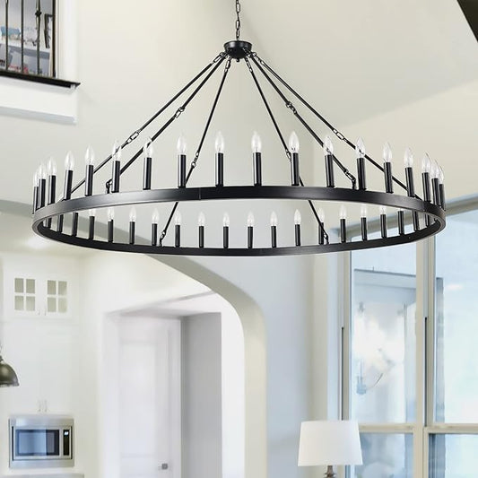 64 Inch Black Extra Large Wagon Wheel Chandelier, 42-Lights Farmhouse Industrial Round High Ceiling Pendant Light Adjustable Chain, for Dining Room, Living Room