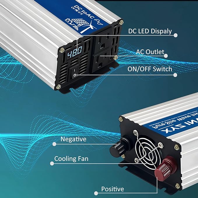 800W Pure Sine Wave Power Inverter DC 48V to AC 110V/120V, 1600W Peak, Car/Truck Power Converter for Solar, Home, Vehicle & Rechargeable Devices with LED Display