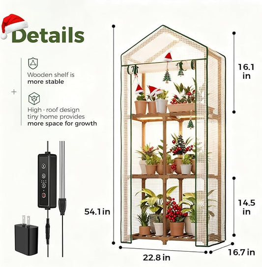Bamworld Mini Greenhouse with Grow Light Plant Stand for Mutiple Pots Outdoor 3-Tierd Reusable Portable Warm House with PE Cover Compact Patio Boho Home Decor