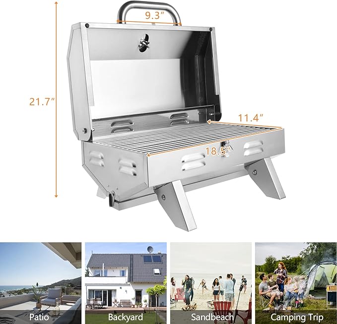 ROVSUN 12000BTU Portable Gas Grill, Outdoor Tabletop Propane Grill with Built-in Thermometer, Press Ignition & Full Stainless Steel Body for Patio Garden Backyard Camping BBQ Picnic
