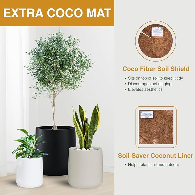 13" H x 12.6" D Conico Fiberstone Round Planter - Christmas Tree Planter, Smooth Finishes, Weather Resistant for Indoor and Outdoor Use, Included 2 Extra Coco Mats (White, 10" Pot Opening)
