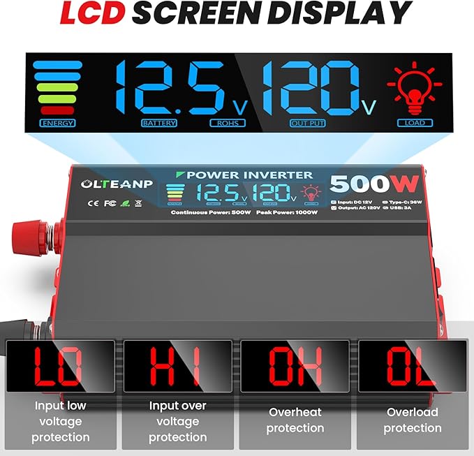 500 Watt Power Inverter 12V DC to 110V/120V AC Inverter with LCD Screen Display, 2 AC Outlets, 36W Type-C Port, 5V/3A USB Port, Car Power Converter for Truck, Home, Vehicles, Laptop, Trip