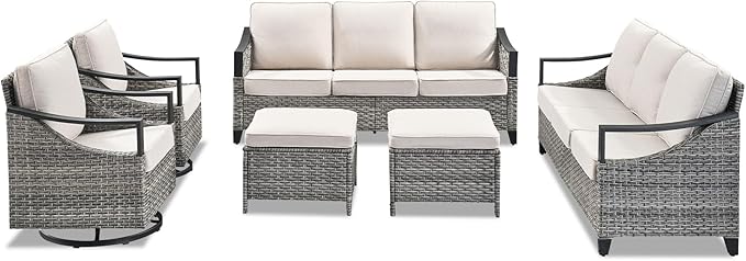 6 Pieces Patio Furniture Sets - All Weather Outdoor Swivel Rocker Patio Chairs with 3-Seat Sofa and Multifunctional Ottomans, Outdoor Conversation Set for Garden Porch Balcony Deck Gray/Beige