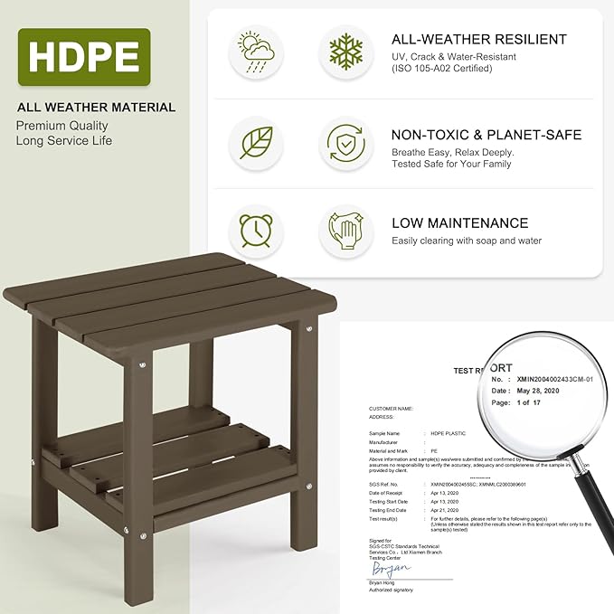 Adirondack Outdoor Side Table, 2-Tier Small Patio End Table, Weather Resistant HDPE Outdoor End Tables for Garden, Lawn, Pool, Beach, Porch, Deck, Backyard - Square, Dark Brown